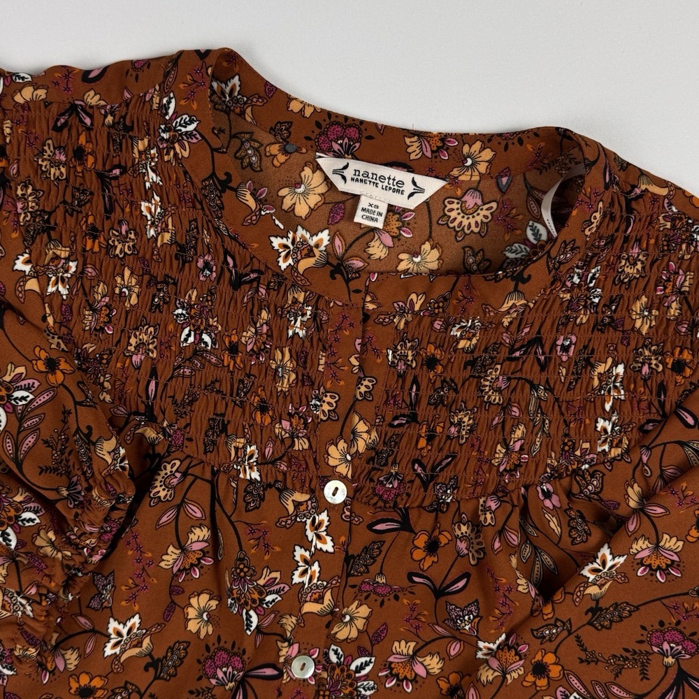 Nanette Lepore Women Size XS‎ Floral Print 3/4 Sleeve Split Neck Blouse Boho Top